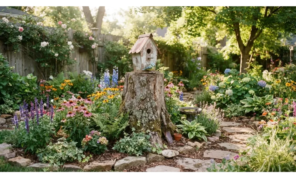 Stump With Decorative Birdhouse