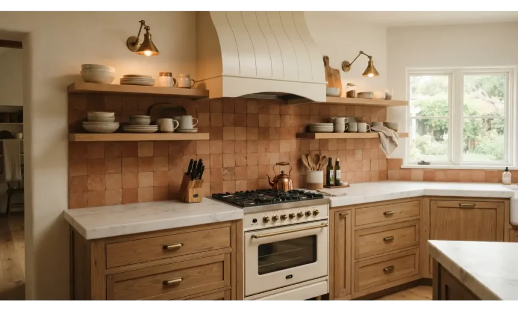 Terracotta Kitchen Backsplash With Open Shelving