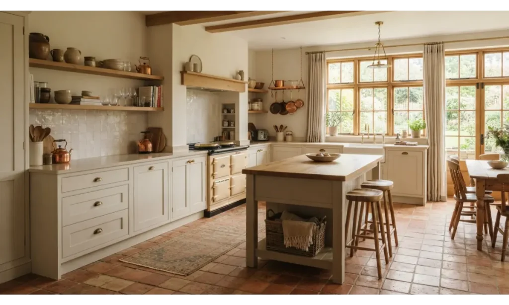Terracotta Tile Ideas For Kitchen With Cream Cabinets