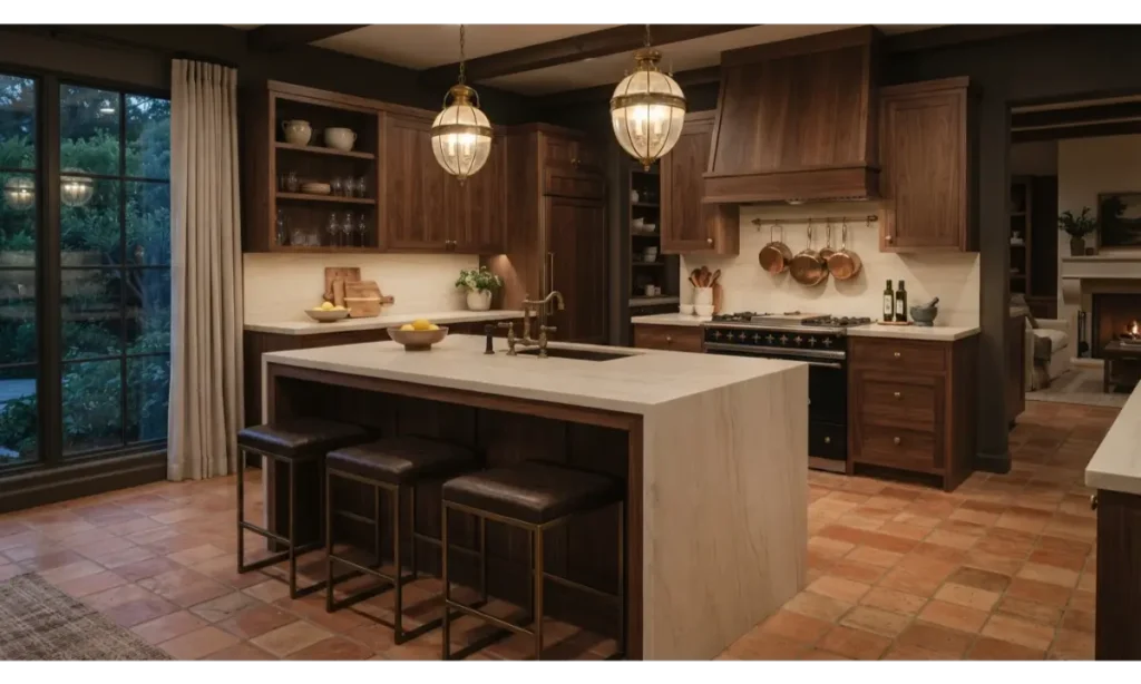 Terracotta Tiles With Dark Walnut Cabinets