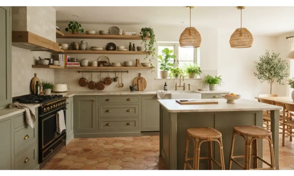 Terracotta Tiles With Sage Green Cabinets