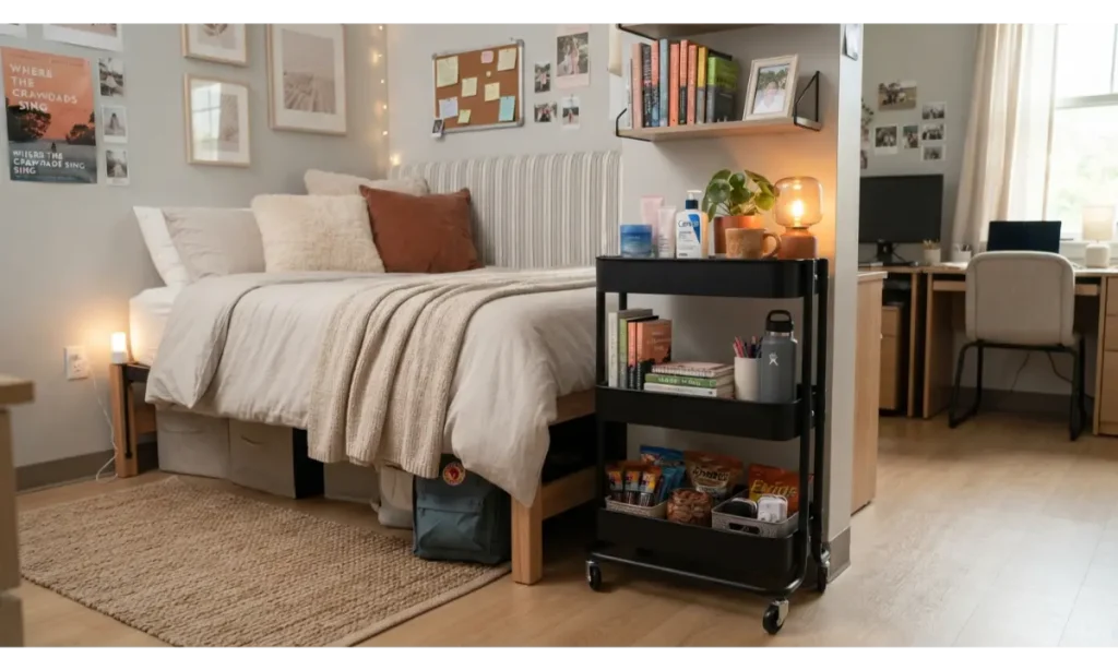 Use a Rolling Storage Cart Beside the Bed