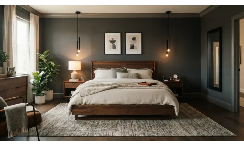 Warm Charcoal and Walnut Bedroom
