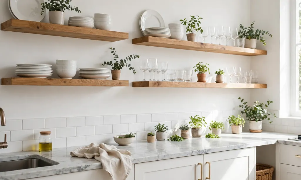 Floating Open Shelves Instead of Cabinets