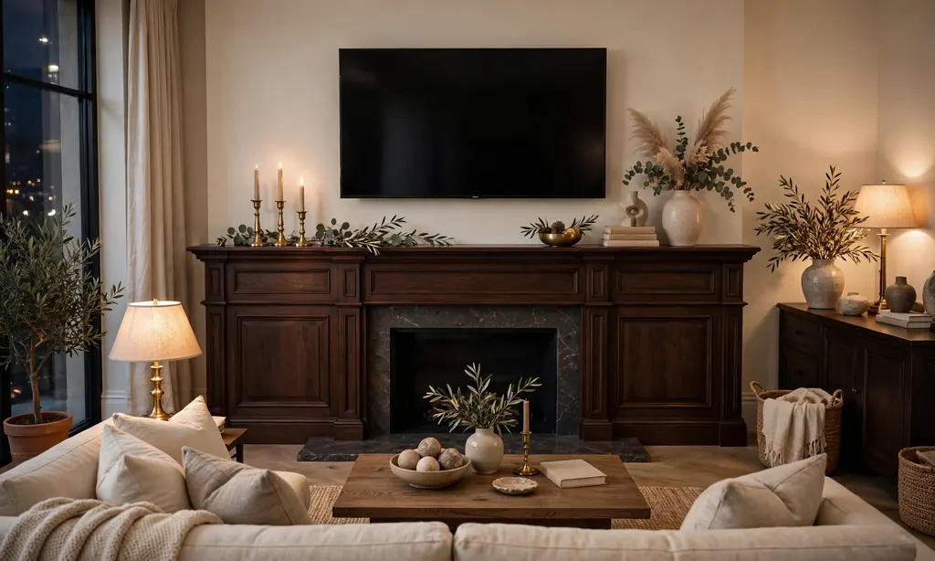 Classic TV Mounted Above a Wood Mantel