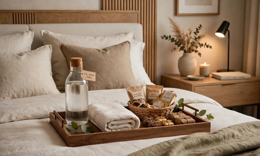 A Thoughtful Welcome Tray with Water and Snacks