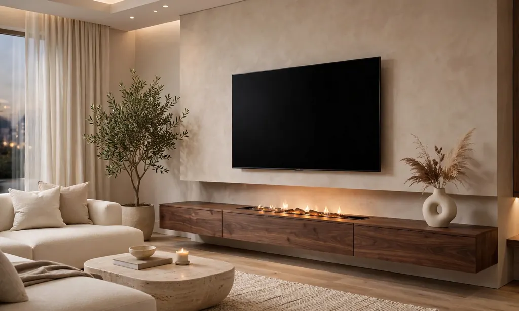 Linear Electric Fireplace in a Floating Media Console