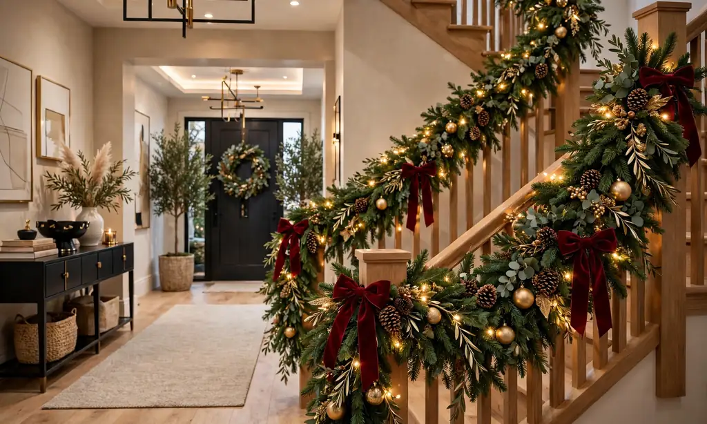 Garland Draped Over the Staircase Banister