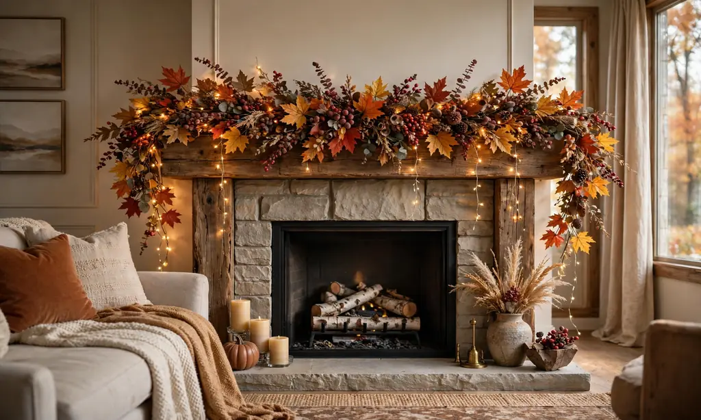 Layered Fall Garland Draped Mantel