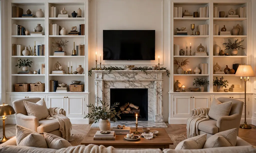 Built-In Bookshelves Flanking the Fireplace and TV