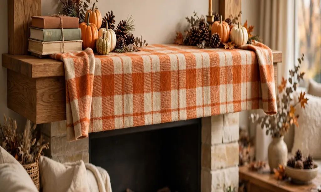 Plaid Runner and Mini Pumpkin Mantel
