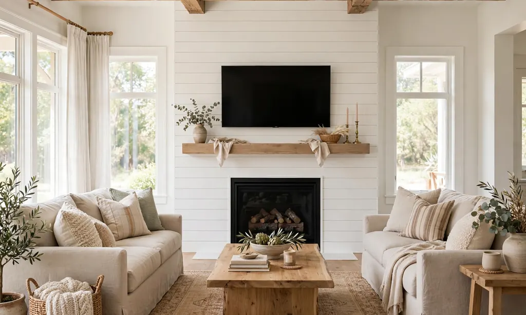 White Shiplap Fireplace Wall With TV Above