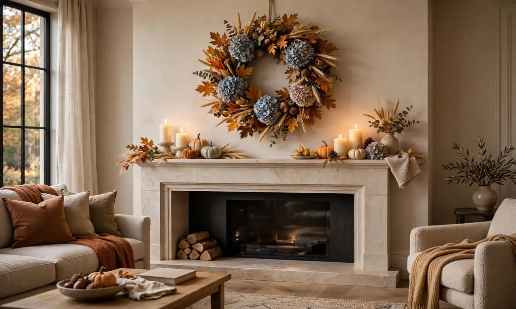Layered Autumn Wreath Above the Mantel