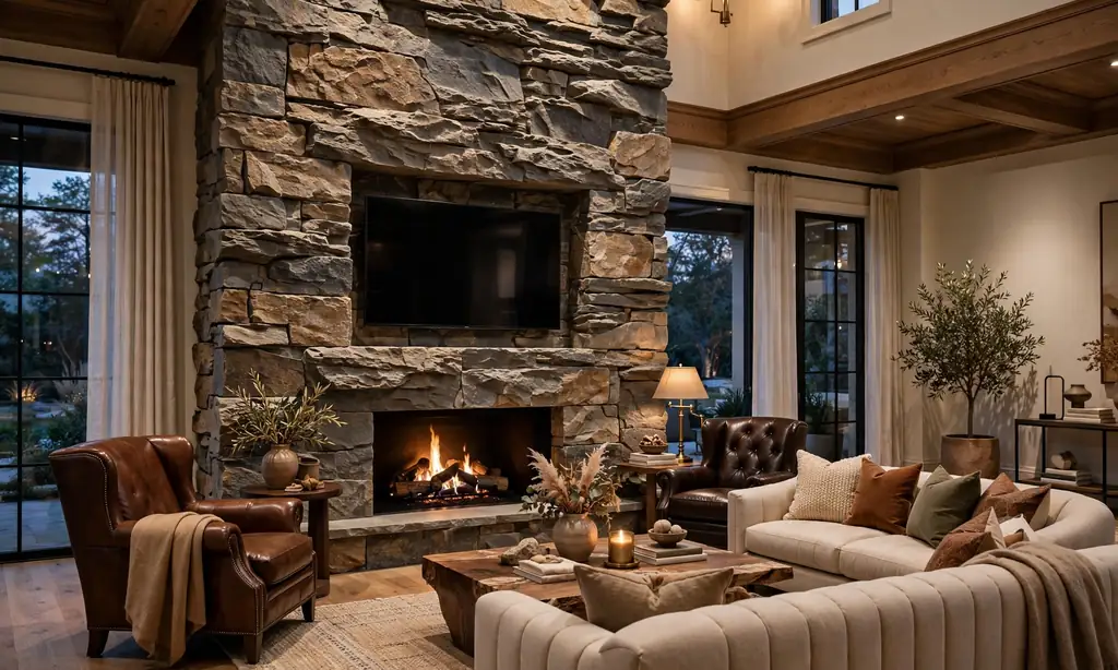 Floor-to-Ceiling Stone Fireplace With a Recessed TV Niche