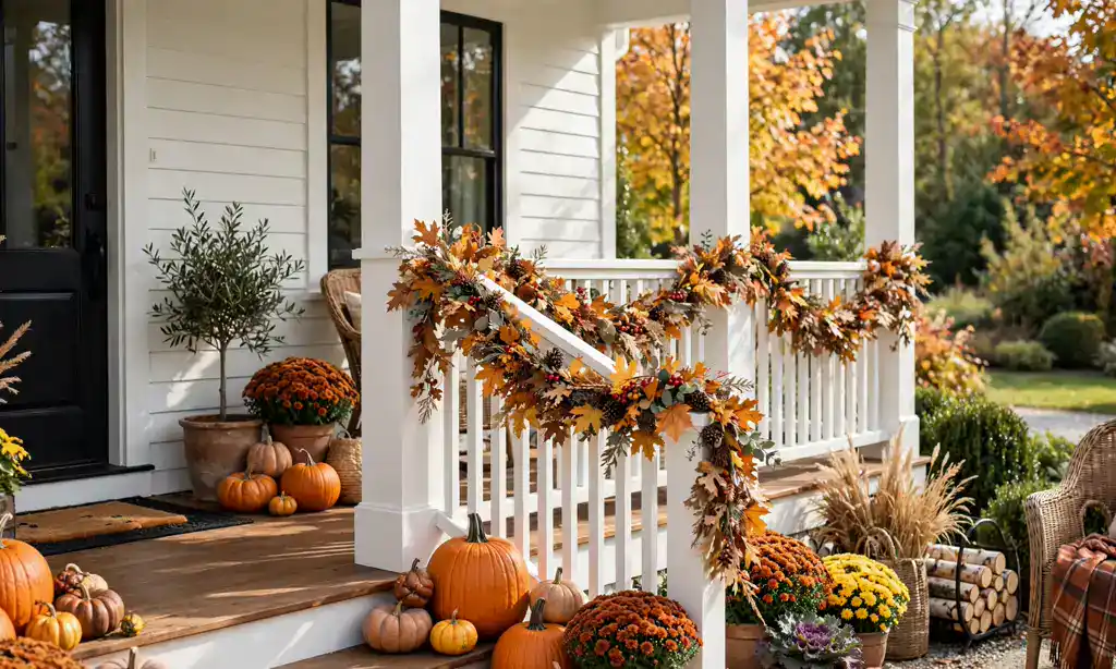 Fall Garland Draped on Porch Railings