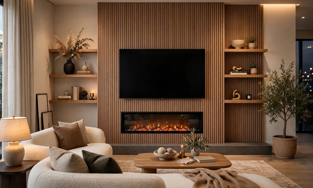 Modern Slatted Media Wall With an Electric Fireplace Insert