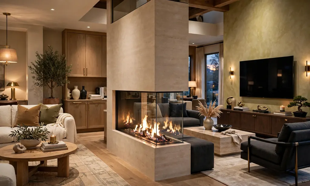 Double-Sided See-Through Fireplace Beside the TV