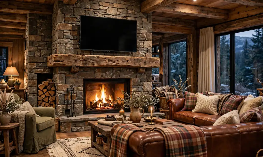 Rustic Reclaimed Beam Mantel With TV Above