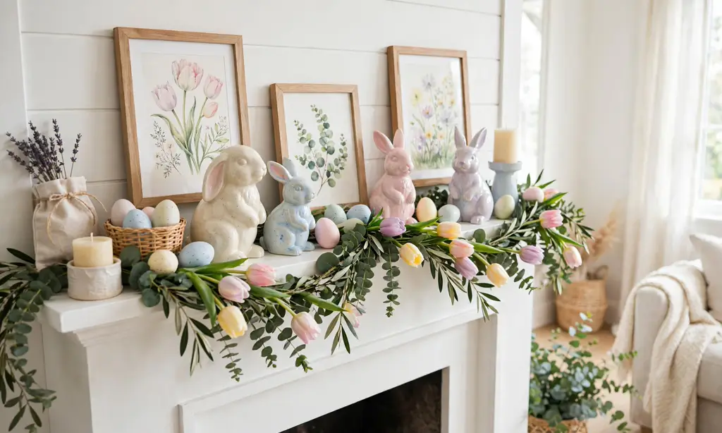Easter Mantel with Bunny Figurines