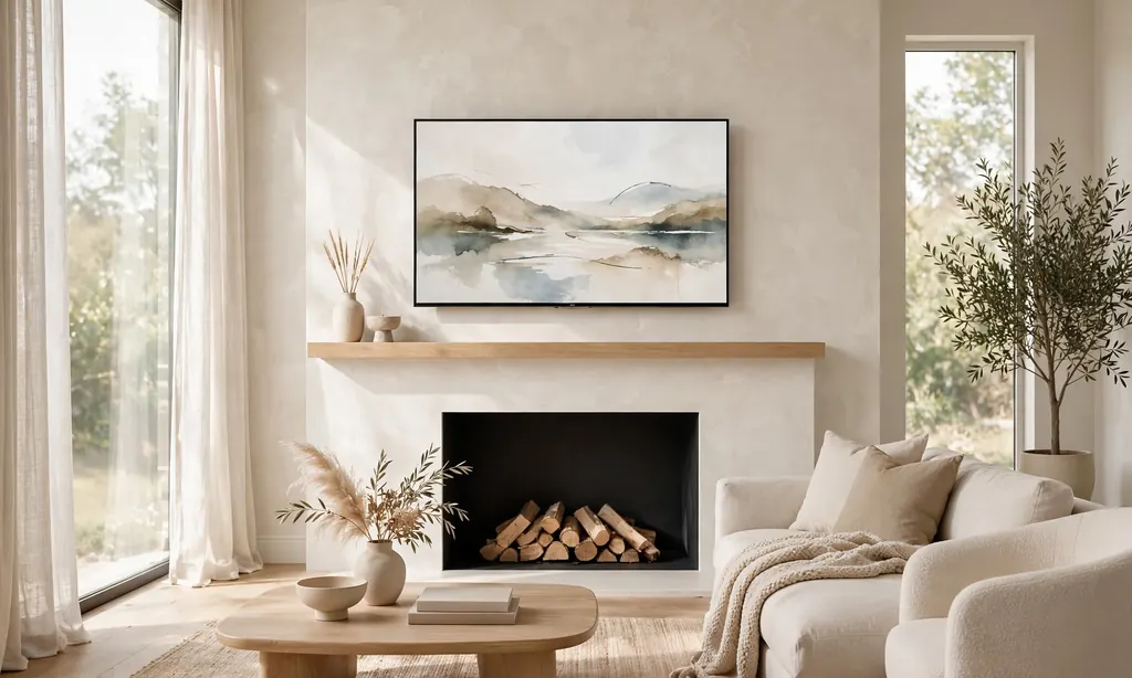 Minimalist Limewash Fireplace With a Frame TV