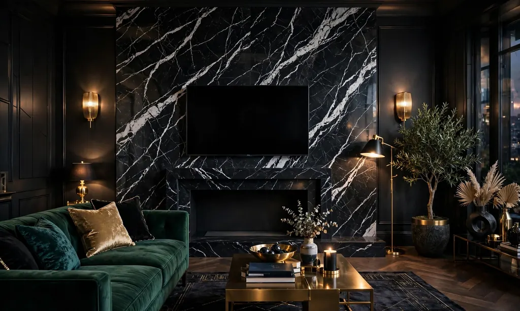 Dramatic Black Marble Fireplace and TV Wall