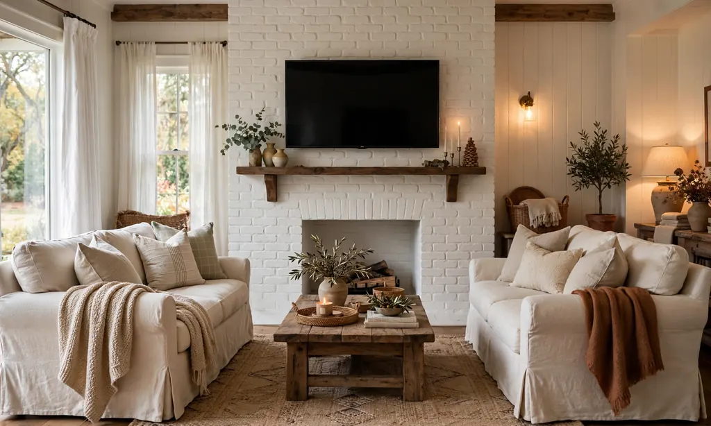 Farmhouse Brick Fireplace With TV Mounted Above