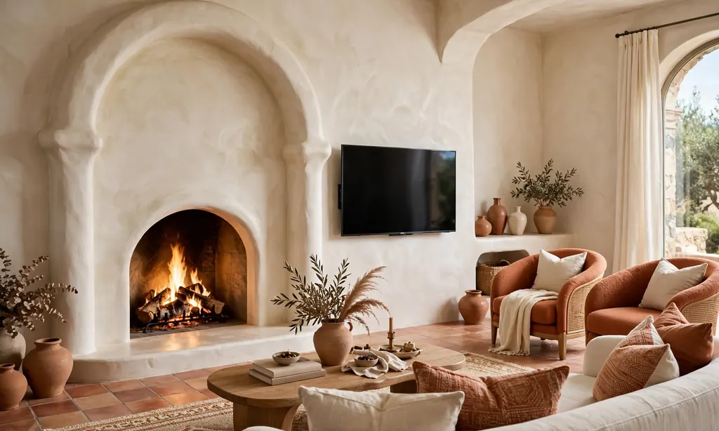 Arched Fireplace Alcove With TV on the Side Wall