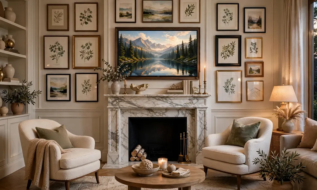Frame TV Disguised as Art Above the Fireplace
