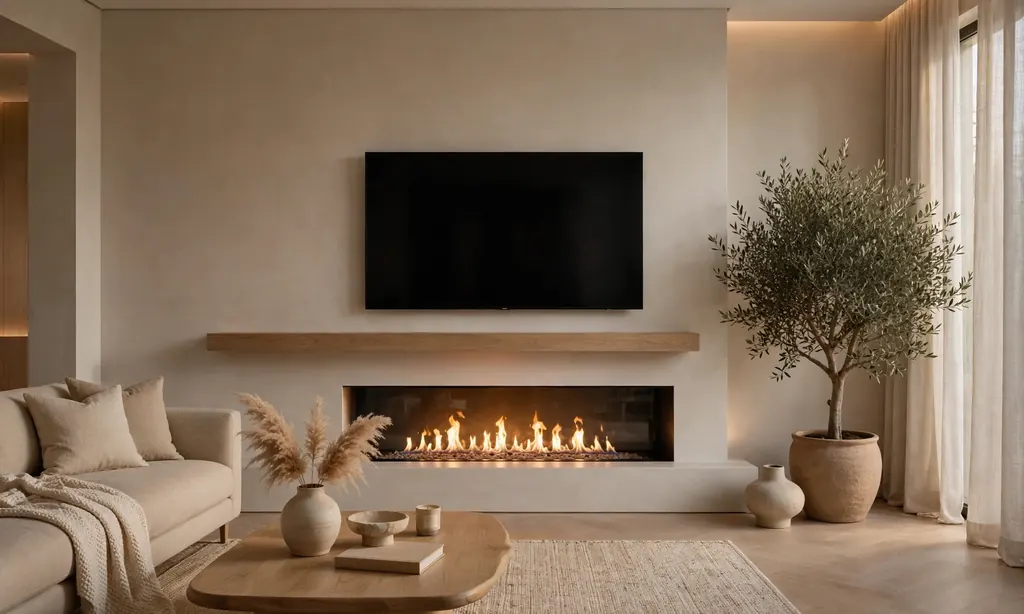 Low Linear Gas Fireplace Beneath a Floating TV Shelf