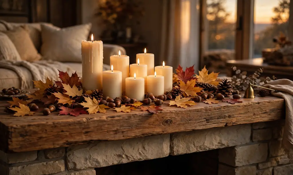 Candle Cluster with Scattered Fall Leaves