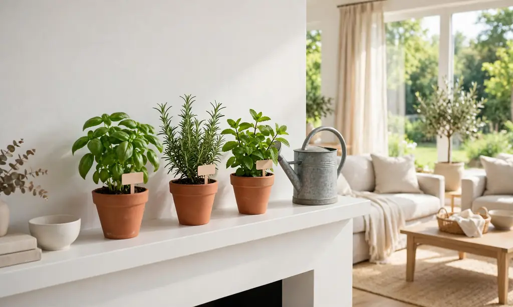 Potted Summer Herbs on the Mantel
