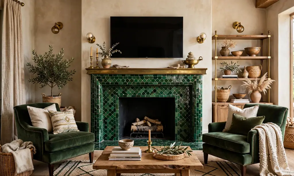 Handmade Zellige Tile Fireplace Surround With TV