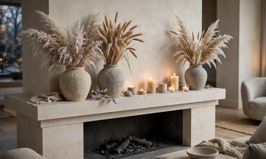 Stoneware Vases with Dried Winter Grasses