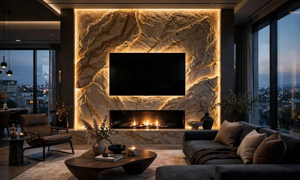 Backlit Stone Feature Wall Uniting Fireplace and TV