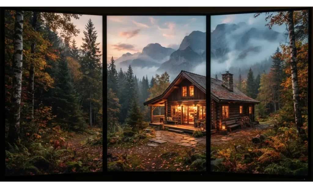 3 Screen Wallpaper With a Cozy Forest Cabin