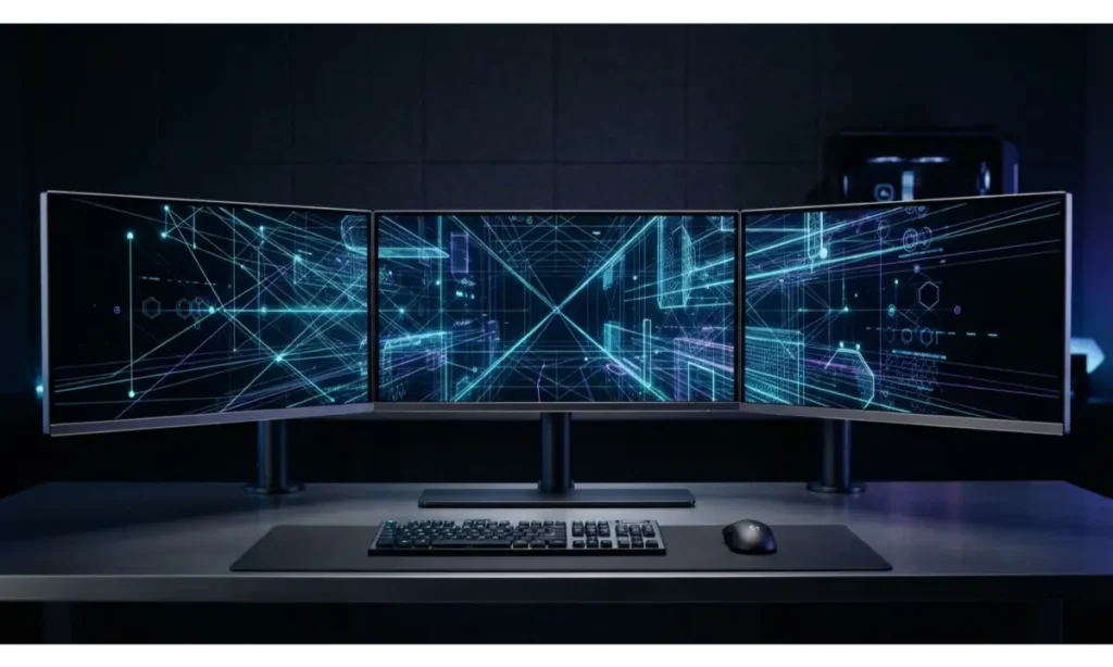 3 Screen Wallpaper With a Cyber Grid