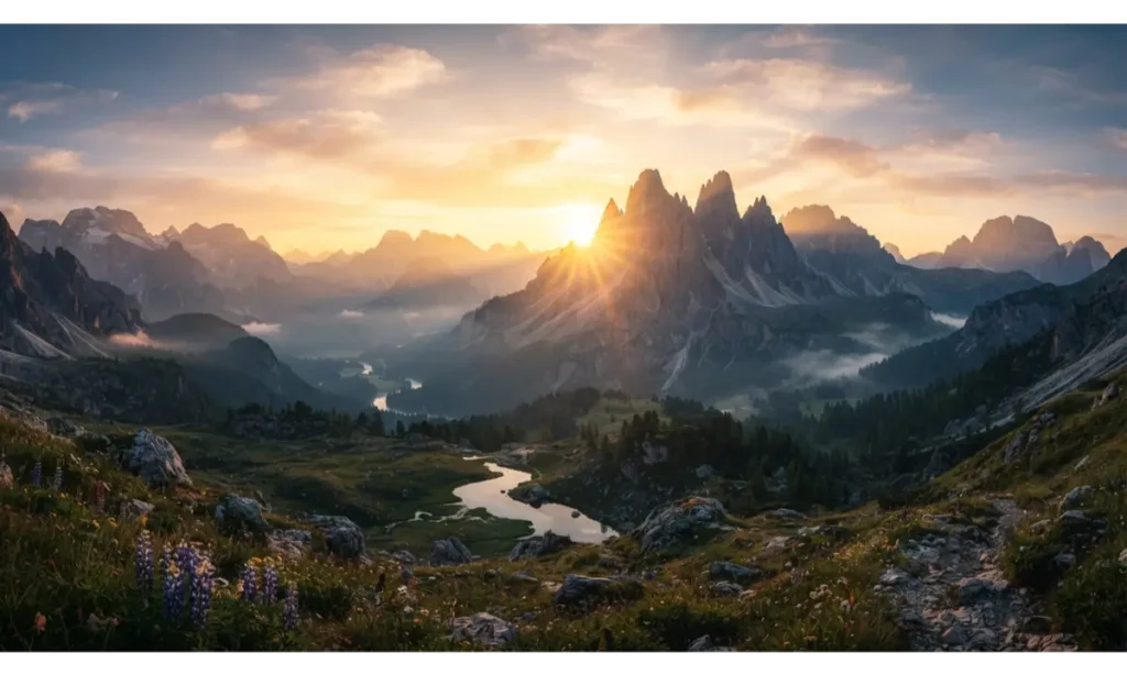 3 Screen Wallpaper With a Dramatic Mountain Sunrise