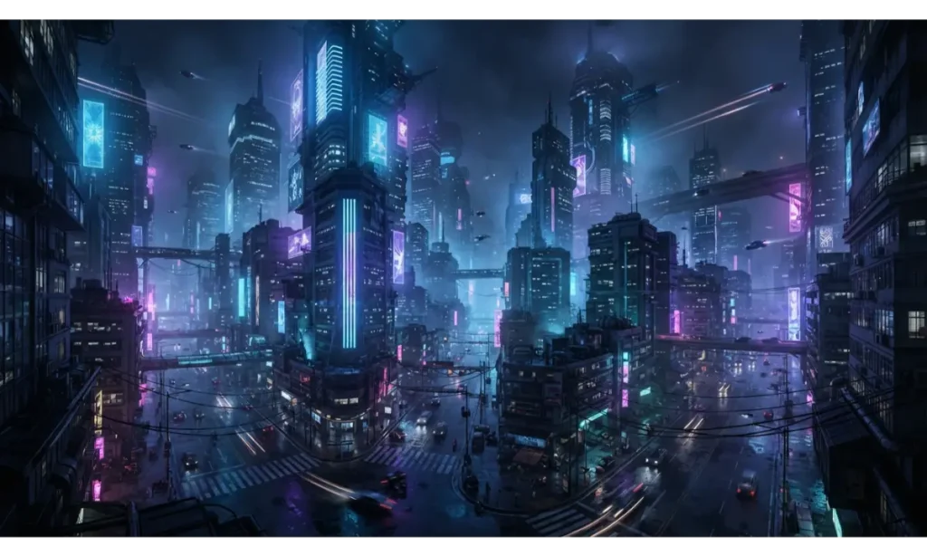 3 Screen Wallpaper With a Futuristic Neon City