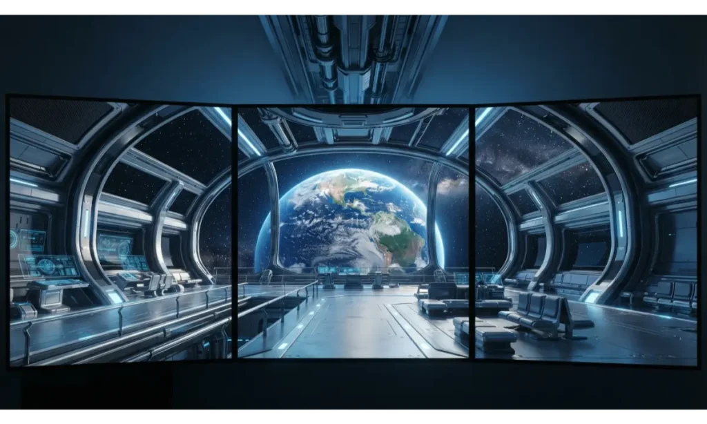 3 Screen Wallpaper With a Futuristic Space Station