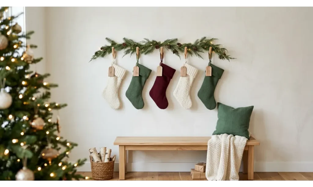 A Christmas Stocking Wall With Individual Name Tags