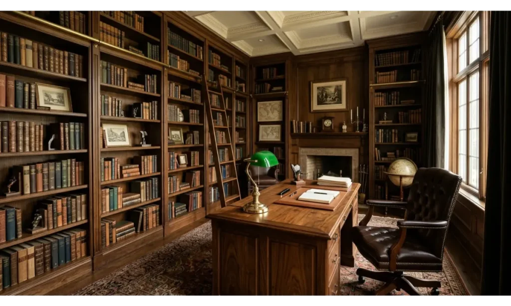 A Classic Library With a Wooden Desk