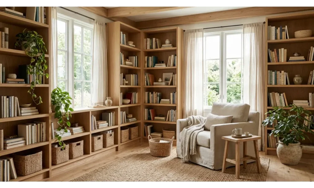 A Library With Plants and Natural Materials