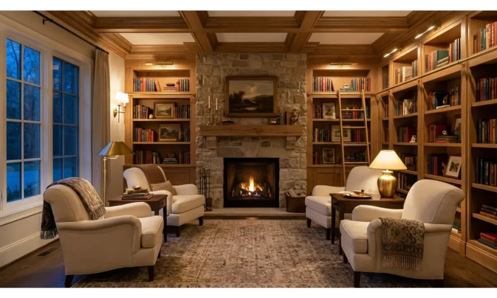 A Library With a Fireplace