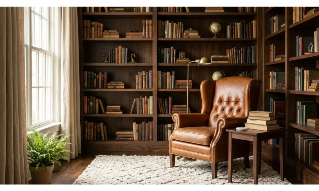 A Library With a Leather Reading Chair