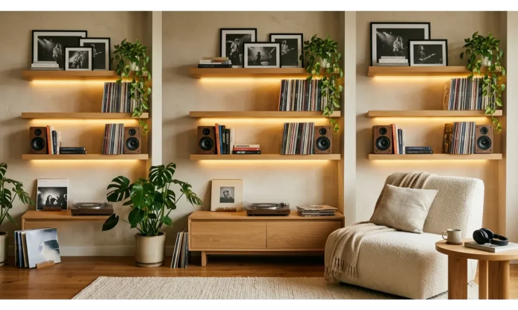 A Warm Music Corner With Floating Shelves