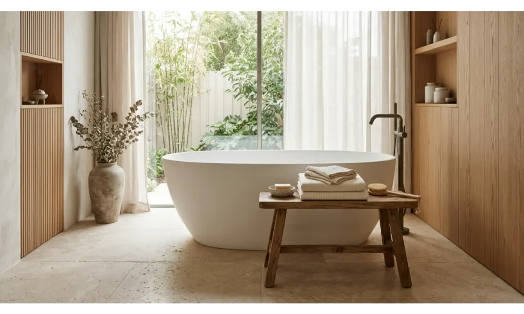 A Wooden Bath Stool With Simple Accessories