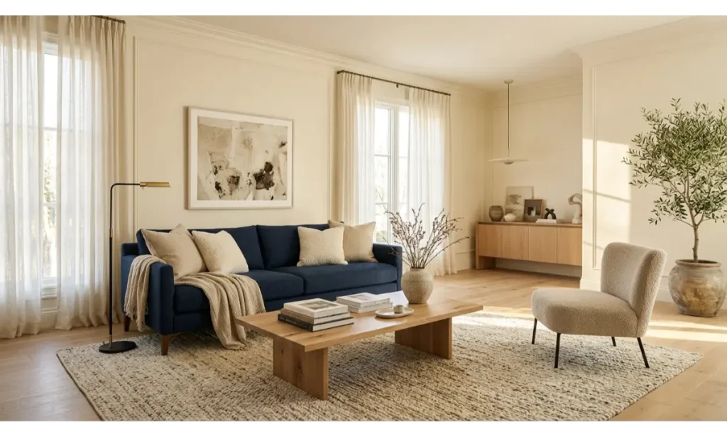 Blue Couch Living Room Ideas with Warm Neutral Walls