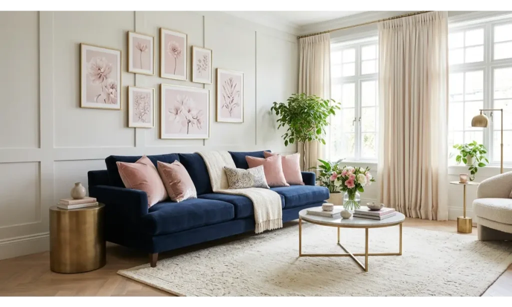 Blue Couch with Blush Pink Accents
