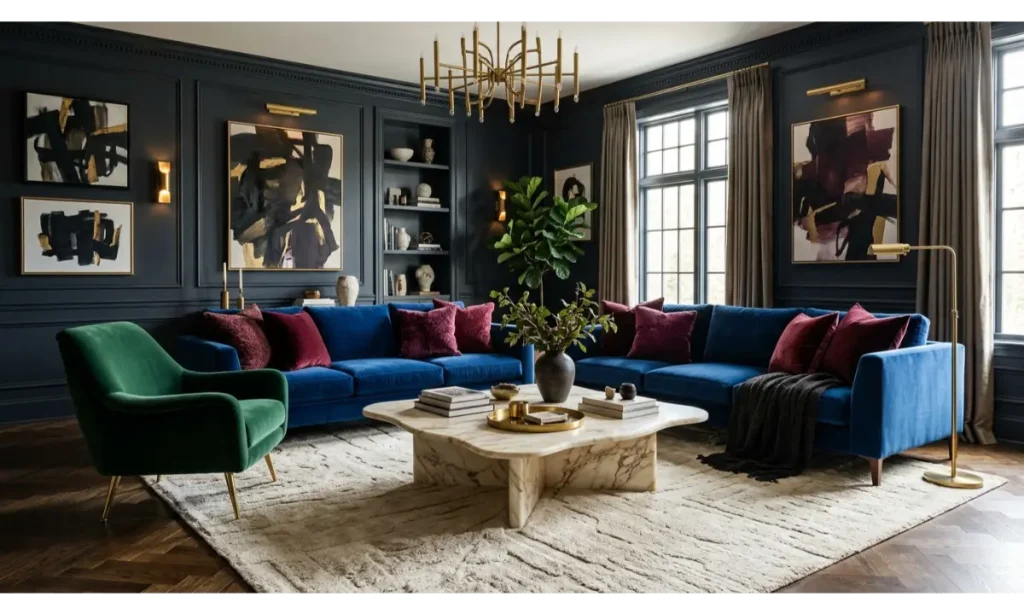 Blue Couch with Bold Jewel Tone Accents