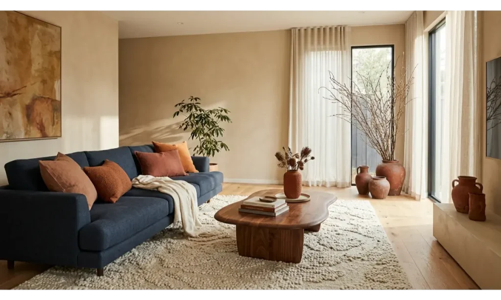 Blue Couch with Earthy Terracotta Accents